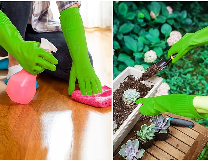 Vgo... 10-Pairs Dishwashing Gloves, Reusable Household Gloves, Long Sleeve, Thick Latex, Cleaning, Washing, Working, Painting, Gardening, Pet Care (Size L, Green, RB2143)