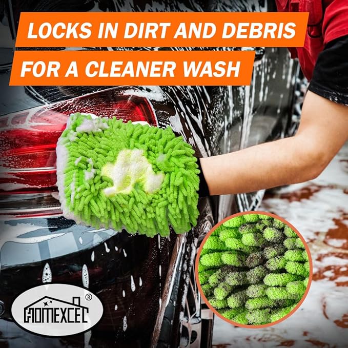 HOMEXCEL Car Wash Mitt, 2PK Chenille Microfiber Wash Mitt, Scratch-Free & Lint-Free, Rich Foam, Highly Absorbent, Double Sided, Perfect for Car Washing and Detailing, 10.2" x 6.7 ", Green