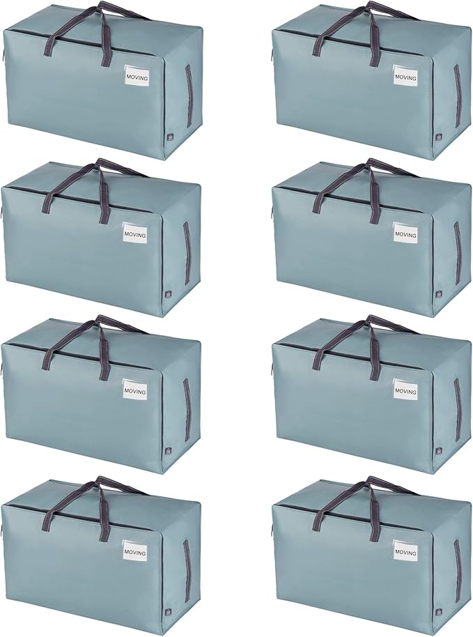 VENO 8 Pack Moving and Storage Bags, Heavy Duty, Alternative to Moving Boxes, Large Packing Totes Supplies for College Dorm Room with Zipper for Clothes, Wide Open Design (Light Blue Matte, 8 Pack)