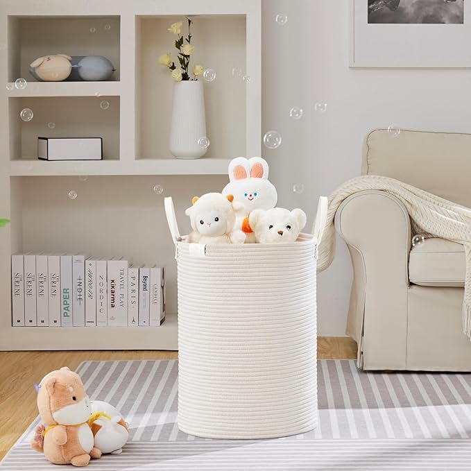 VIPOSCO Tall Laundry Basket, Large Dirty Clothes Hamper with Leather Handle, Woven Rope Storage Basket for Blanket, Toy In Living Room, Bathroom, Bedroom - 72L White
