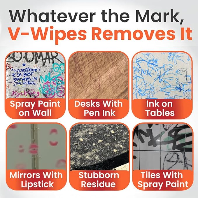 V-Wipes Graffiti Remover Wipes – Pre-Moistened Towels for Paint, Ink & Marker Removal – Non-Toxic, Biodegradable, Non-Scratching, Quick Clean-Up (Pack of 1)