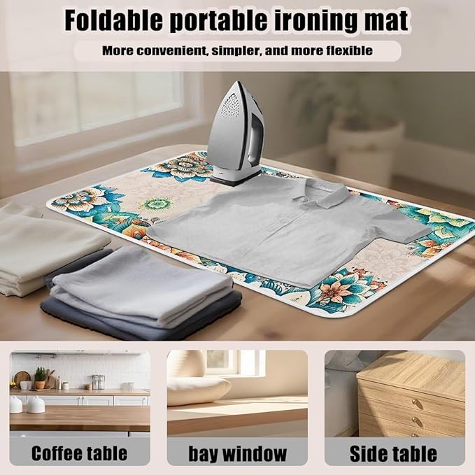 Bohemian Folding Ironing Mat Heat and Steam Resistant Dragonfly Ironing Pad 32 x 16 Inch Foldable Iron Mat for Table Top Washer,Dryer,Large Iron Board Mats Irons Pad