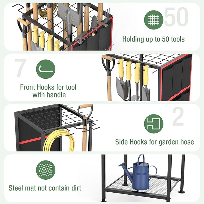 Garden Tool Organizer,Metal Yard Tool Organizer,Holds 50 Long-Handled Tools/Rakes/Brooms,Side Garden Pocket,Heavy Duty Steel Yard Tool Storage Rack for Garage,Shed, Outdoor