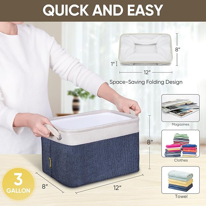 BALEINE 4 Pack Fabric Storage Bins for Shelves, Linen Storage Baskets for Organizing, Decorative Closet Bins for Clothes, Home (Navy Blue, 12"x8"x8")