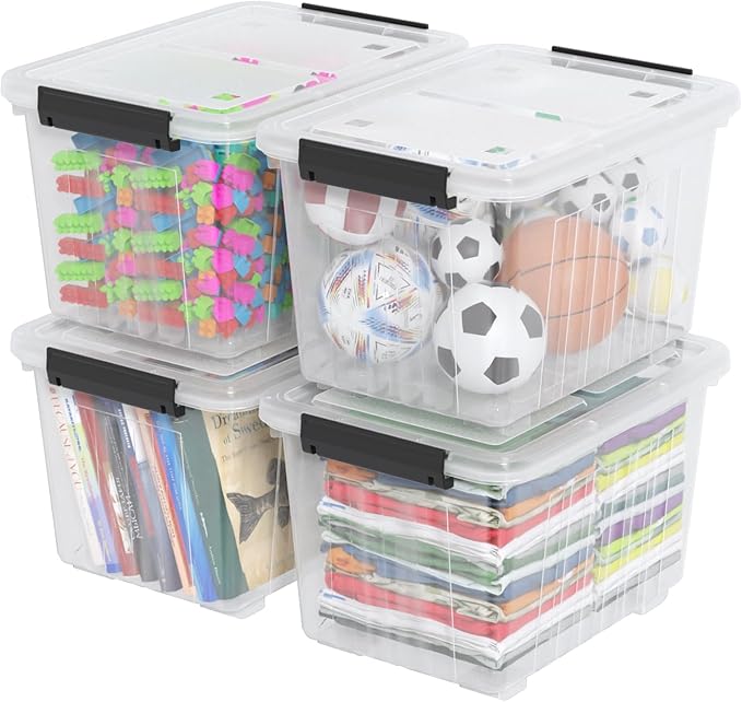 Kiddream 50 Quarts Clear Plastic Latching Boxes with Wheels, Large Storage Bins with Lids Set of 4