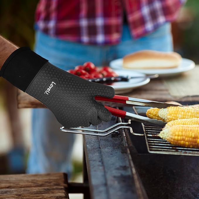 Kitchen Oven Gloves - Dual-Layer Heat Resistant Grilling Gloves, Silicone Oven Mitts with 5 Fingers, Waterproof Non-Slip Pot Holder for Barbecue, Cooking, Baking (Small, Black Long)