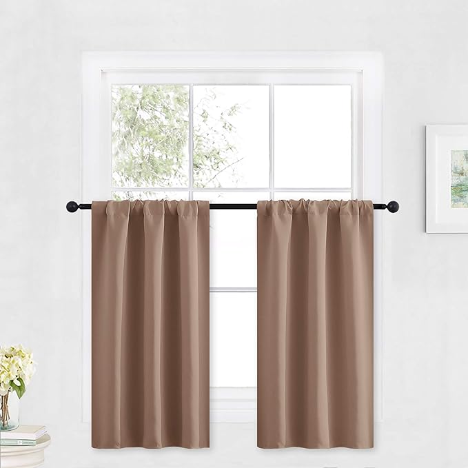RYB HOME Blackout Small Window Curtains for Kitchen, 2 Panels Solid Kitchen Curtains Privacy Half Window Treatment for Closet Bathroom Bunk Bed Basement, W29 x L30 inches, Mocha