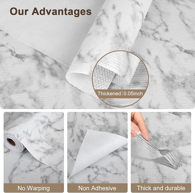 OcePor Non-Adhesive Drawer and Shelf Liner 17.5IN x 30FT，Non Slip Cabinet and Cupboard Liner, Kitchen Cabinet Liners for Shelves, Waterproof Drawer Shelf Liners for Cabinets/Bathroom Cupboard, Marble