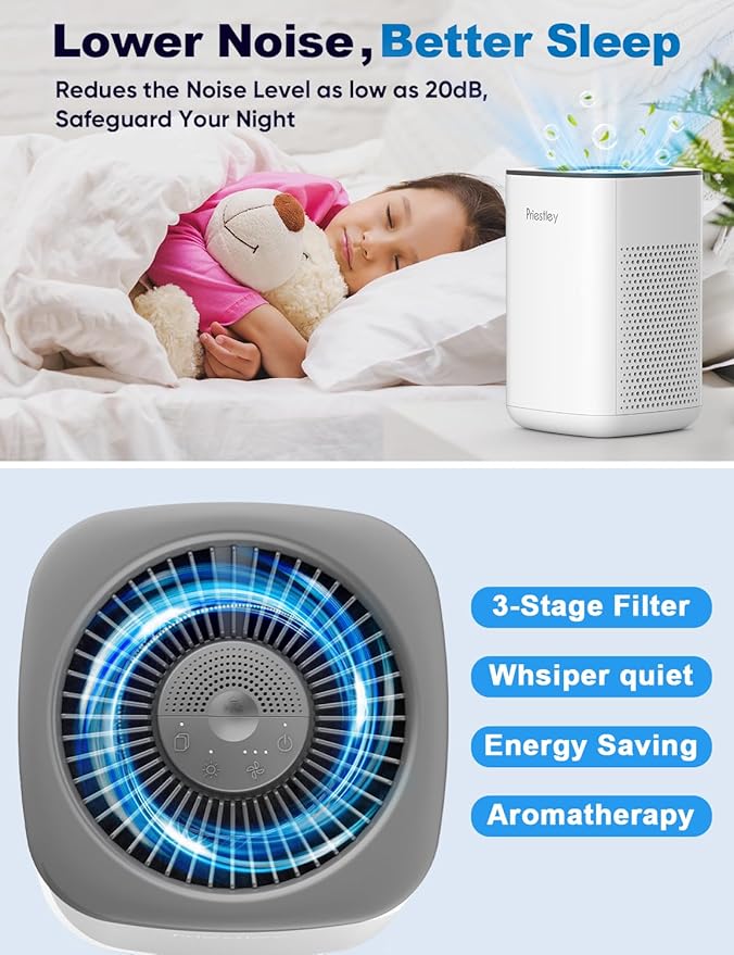 Priestley Small Air Purifiers for Home Bedroom Dorm Office Desktop, 20dB Quiet 3-in-1 HEPA Air Purifier with Essential Oil Diffuser, Air Filters Smoke, Allergies, Pet Dander, Odor, Dust