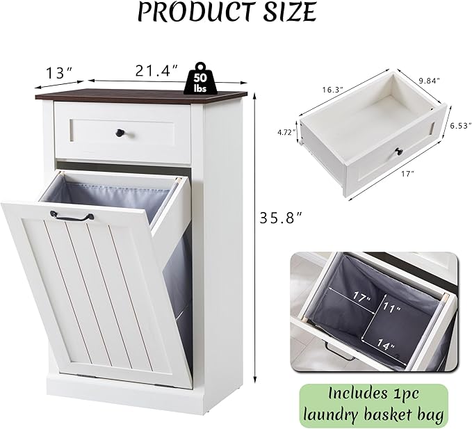 Tilt Out Laundry Hamper Cabinet, 10 Gallon Farmhouse Trash Can Cabinet with Drawer, Hidden Wood Garbage Can Bin Cabinet with Laundry Storage Basket for Bathroom, Kitchen, Antique White