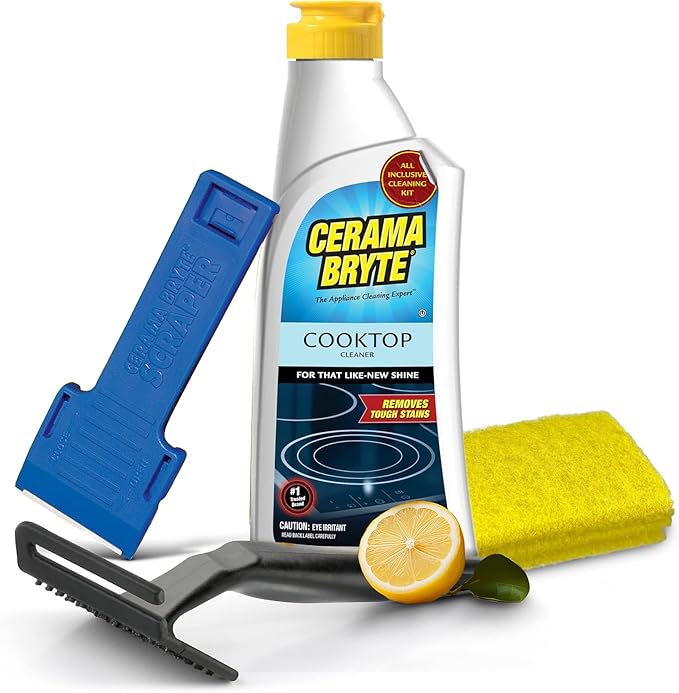 Cerama Bryte Glass Cooktop and Stove Top Cleaner Combo Kit - Includes Cleaning Tool, Razor, Scraper and 3 Pads to Remove Tough Stains - Use on Gas, Electric, Ceramic Surfaces, 10 Ounces, 6 Piece