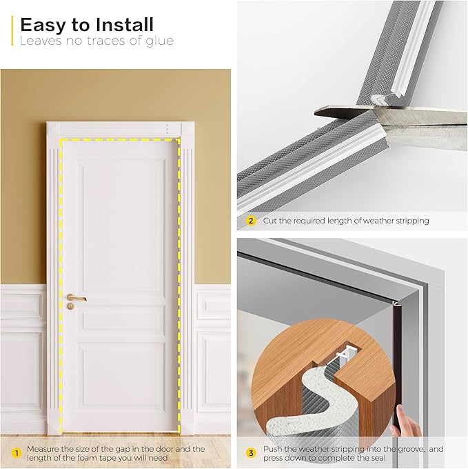 Weather Stripping Door Seal Strip Soundproof Q Foam Tape, Exterior Door Insulation Strip for Large Gap, Easy to Install(Grey, 30FT)
