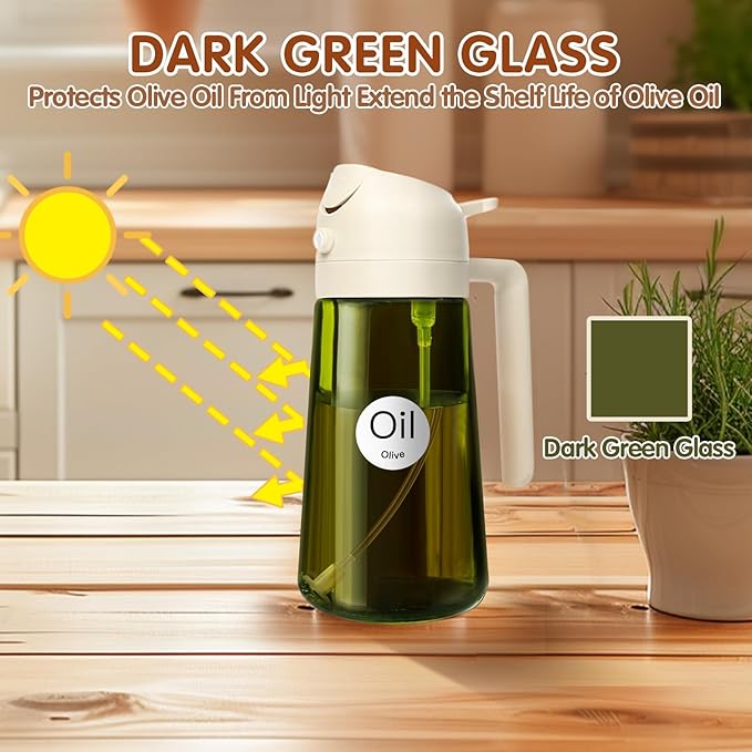 YARRAMATE 16oz/470ml Light-Blocking Dark Oil Sprayer for Cooking, 2 in 1 Olive Oil Dispenser Bottle for Kitchen, Premium Dark Green Glass Oil Bottle, Food-Grade Oil Mister for Air Fryer, BBQ (White)