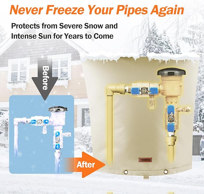 Backflow Preventer Pipe Insulation Cover (5°F) - Irrigation Sprinkler Valve Insulated Pouch - Water Well Pump Cover - Sturdy 5 Layers for Winter Freeze Protection, 14" W x 14" H, Beige