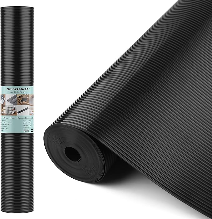 Shelf Liners for Kitchen Cabinets Non Adhesive Drawer Liner EVA Material Cupboard Mat Refrigerator Mats Washable Fridge Liner for Cabinet, Storage and Desks 17.3 x 236.2 Inches Black