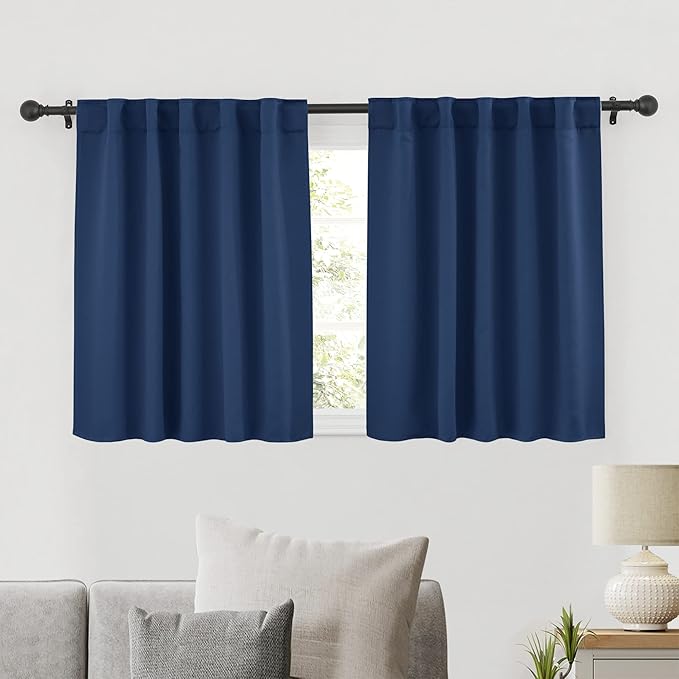 RYB HOME Blackout Kitchen Curtains, Thermal Insulated Back Tabs Window Curtain Room Darkening Shades Ideal Match for Bathroom Basement RV, Navy, Width 42 inch x Length 36 inch, 2 Panels Set