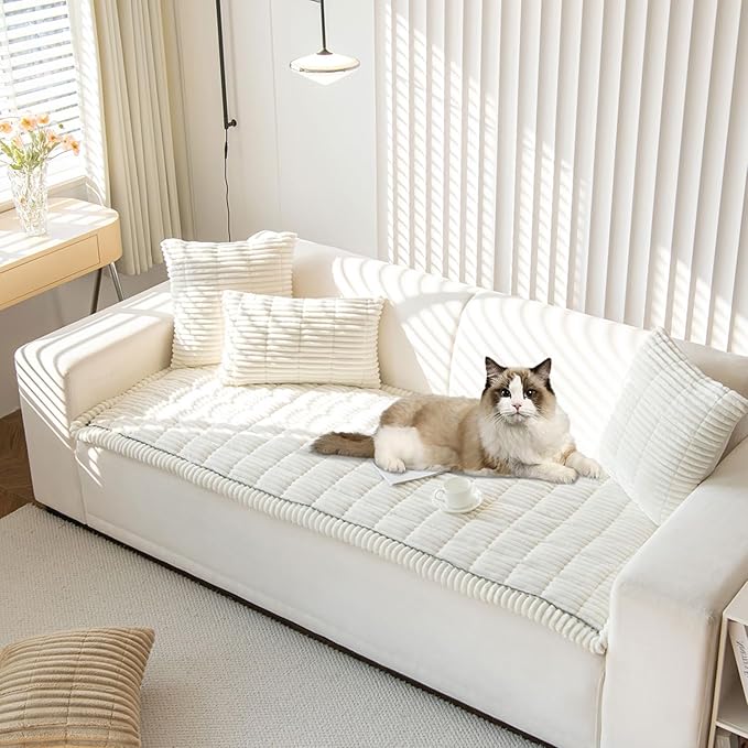 OTOB Couch Cover for Dogs Washable, Non Slip Plush Sofa Covers for 3 Cushion Couch, Fuzzy Pet Friendly Mat Bed Furniture Protector Sofa Slipcover, All Seasons (Cream, 27.6" x 70.9")