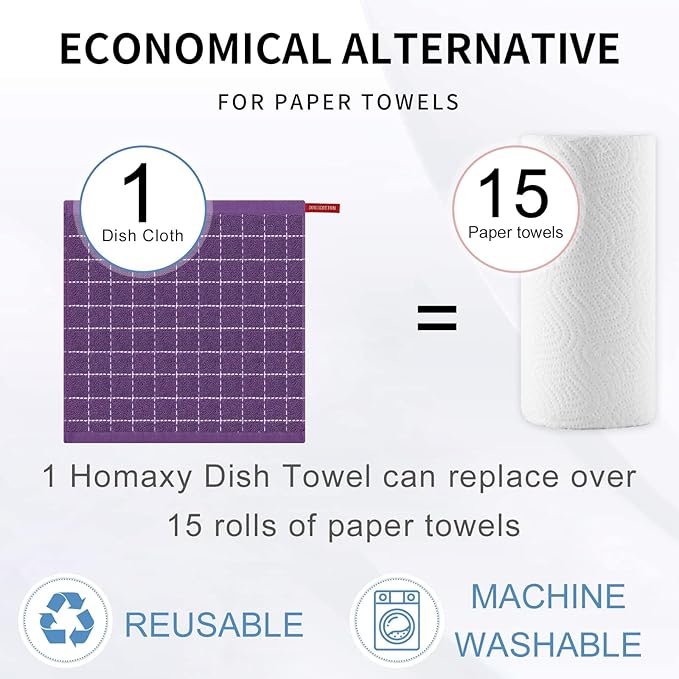 Homaxy 100% Cotton Terry Kitchen Dish Cloths, Ultra Soft and Absorbent Dish Towels for Kitchen, Suitable for Drying and Washing Dishes, 8 Pack, 12 x 12 Inches, Purple