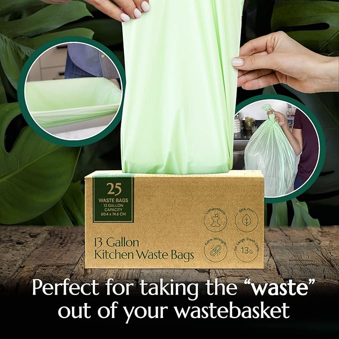 Cleanomic Compostable* Trash Bags with Drawstring (13 Gallon, 25 Units, Tall), BPI Certified For Kitchen Compost