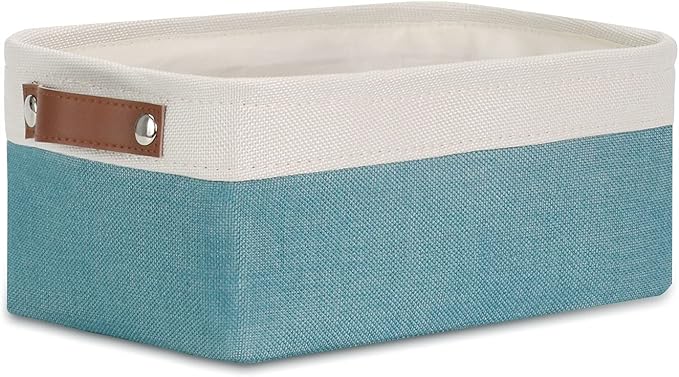 DULLEMELO Small Collapsible Fabric Basket for Organizing, Shelves, Closets, Laundry, Nursery, Decorative Gift Basket (White & Teal)