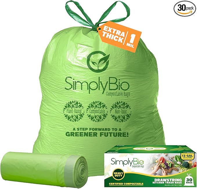 Simply Bio 13 Gallon Compostable Trash Bags Liners Drawstring, Heavy Duty Extra Thick 1 Mil, 49.21 Liter, 30 Bags, Tall Kitchen Food Scrap Waste Bag, ASTM D6400, US BPI and OK Compost Home Certified