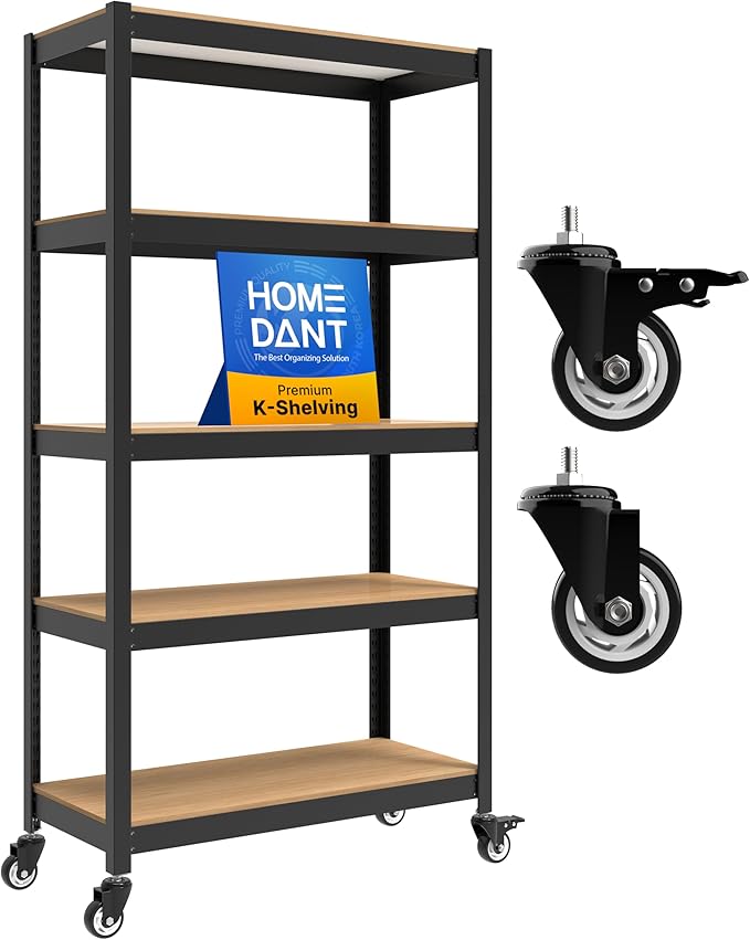 HOMEDANT House 5-Tier Metal Rolling Cart Shelf Rack Casters Heavy Duty Laminated Wheel Shelving Unit Adjustable Utility Storage Shelves Organizer Shelf Kitchen Garage 36.2" W x 16.5" D x 69.5" H 1Pack