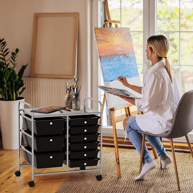 GOFLAME 9-Drawer Rolling Storage Cart, Mobile Utility Cart with Removable Drawers & Metal Frame, Art Craft Organizer Cart with Lockable Wheels, Storage Drawer Cart for Home Office School, Black