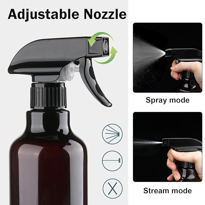Plastic Spray Bottles Empty Spray Bottle 16.9oz/500ml 2 Pack Heavy Duty Spraying Bottles Mist/Stream Water Bottle for Cleaning Solutions, Essential Oils, Hair (Amber)