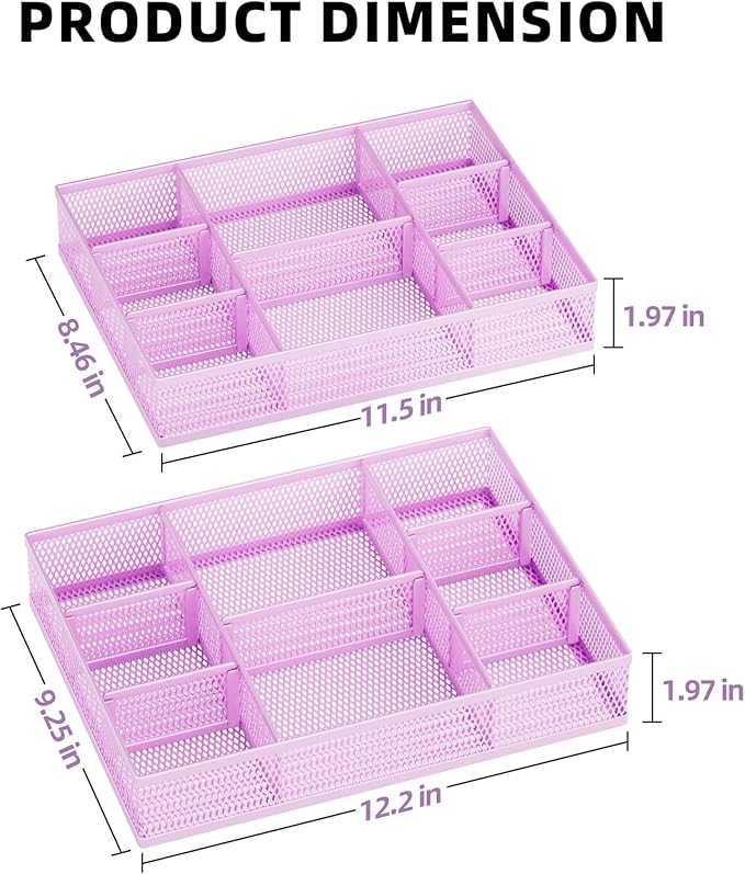 Marbrasse 2 Pack Desk Drawer Organizer, Mesh Drawer Organizer Tray with 8 Adjustable Compartments, Desk Organizers and Accessories, 5 Dividers Drawer for Office Supplies, Makeup & Vanity (Purple)