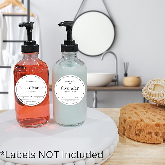Cornucopia Brands 8oz Clear Glass Pump Bottles (4-Pack w/Black Plastic Pumps), Great as Essential Oil Bottles, Lotion Bottles, Soap Dispensers, and More