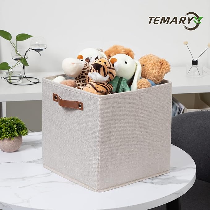 Temary Cube Storage Bins 12 Inch Storage Cubes 4PCs Fabric Organizer Bins Boxes with Handles, Sturdy Collapsible Closet Storage Organizer for Shelf, Bedroom, Cabinet (Beige, 12 x 12 x 12)