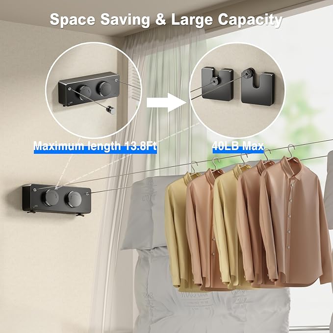 Retractable Twin Clothesline Indoor, Non-Sagging Outdoor Clothes Line Retracting Heavy Duty Clothes Drying Laundry Line Wall Mounted Stainless Steel Line-13.8Feets(Double Line-Black)