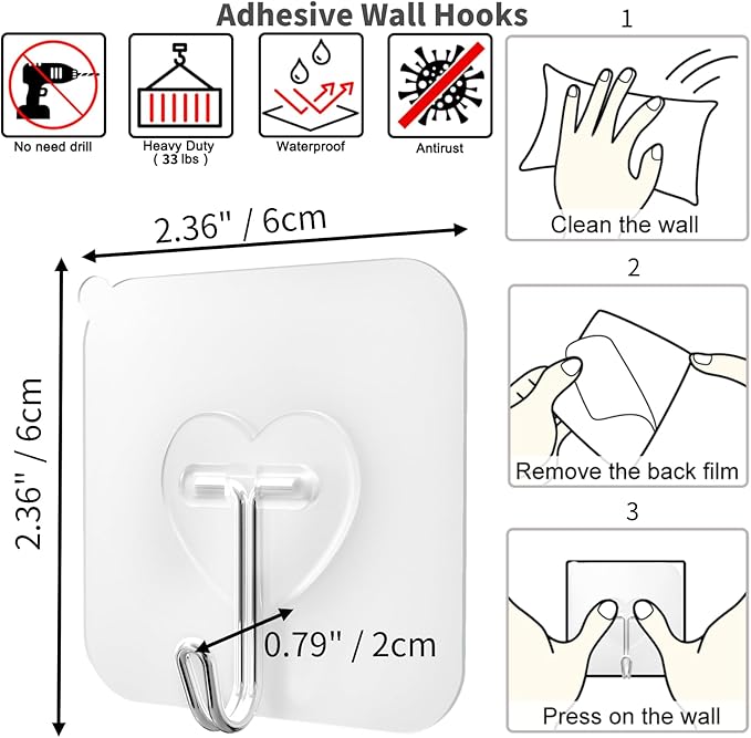 DGYB 20 Pcs Clear Adhesive Hooks for Hanging 22lb Self Adhesive Wall Hooks Heavy Duty Waterproof Transparent Sticky Hooks for Shower Home Bathroom Kitchen Office