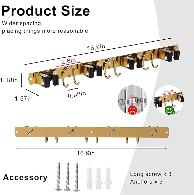Mop Broom Holder Wall Mount, Gold Stainless Steel Tool Storage Organizer for Kitchen Garden Garage Laundry Room Bathroom and RV with 4 Slots 6 Hooks
