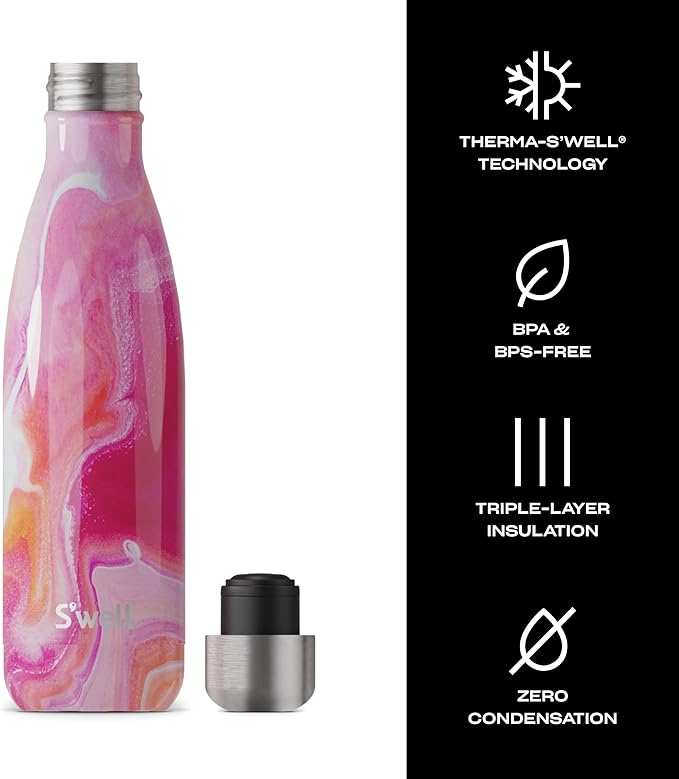 S'well Stainless Steel Water Bottle, 17oz, Rose Agate, Triple Layered Vacuum Insulated Containers Keeps Drinks Cold for 36 Hours and Hot for 18, BPA Free, Perfect for On the Go