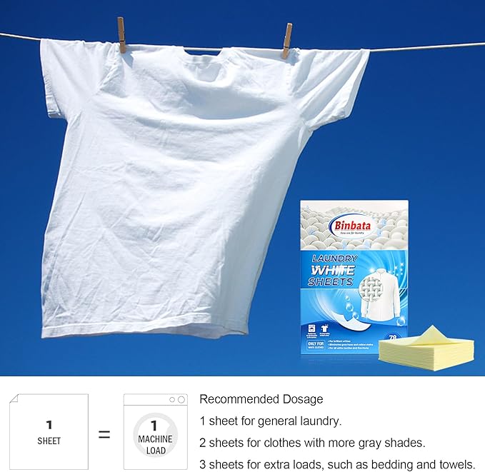 Eco Laundry Whitener Sheets 78 Count – Binbata Unscented High Concentrated Laundry Bleach, Effectively Remove Yellowing & Greying, Safe for Sensitive Skin, Available in all Washing Machines
