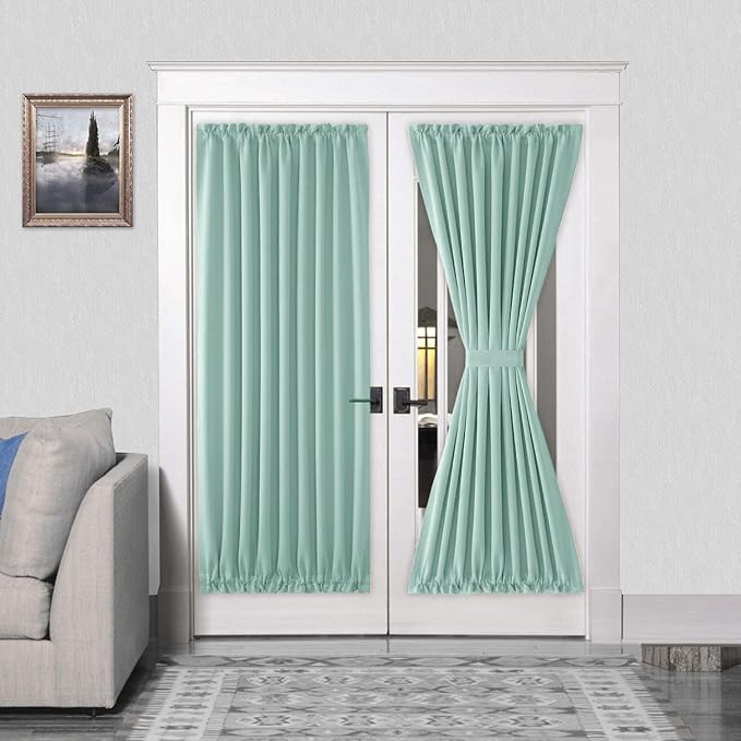 DWCN French Door Curtains – Rod Pocket Thermal Blackout Curtain for Doors with Glass Window, Kitchen and Patio Doors for Privacy, 54 X 72 Inches Long, 1 Curtain Panel with Tieback, Mint Green