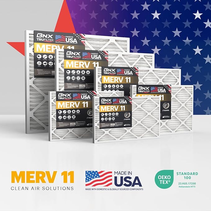 BNX TruFilter 12x12x1 Air Filter MERV 11 (6-Pack) - MADE IN USA - Allergen Defense Electrostatic Pleated Air Conditioner HVAC AC Furnace Filters for Allergies, Dust, Pet, Smoke, Allergy MPR 1200 FPR 7