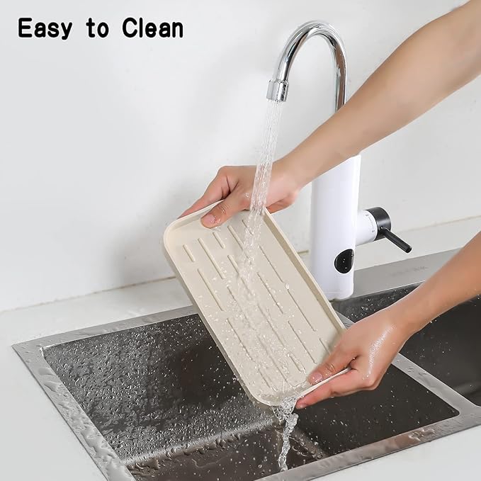 Silicone Kitchen Sink Organizer Tray for Multiple Usage,Eco-Friendly Sponges Holder for Kitchen Bathroom Counter or Sink,Dish Soap Dispenser,Scrubber,Bottle,Cup (Tapioca, 10"×5.3")