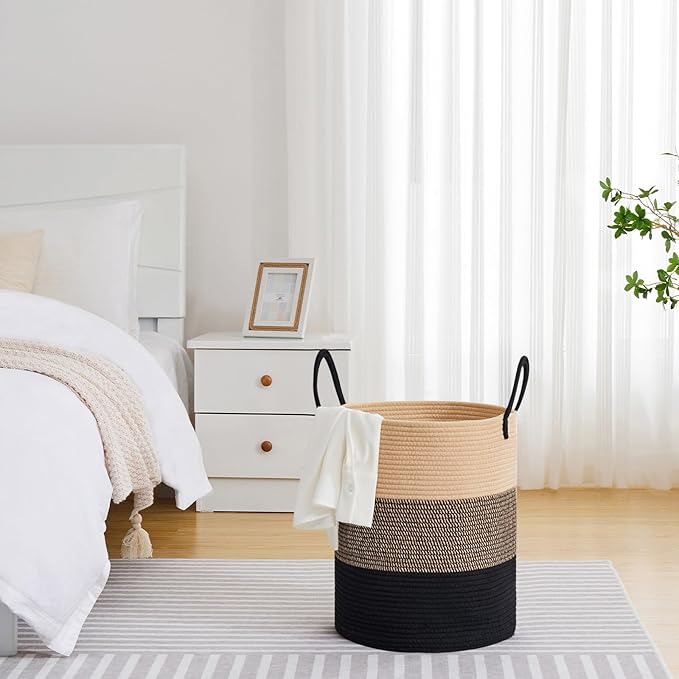 VIPOSCO Large Laundry Hamper, Tall Woven Rope Storage Basket for Blanket, Toys, Dirty Clothes in Living Room, Bathroom, Bedroom - 53L Brown & Black