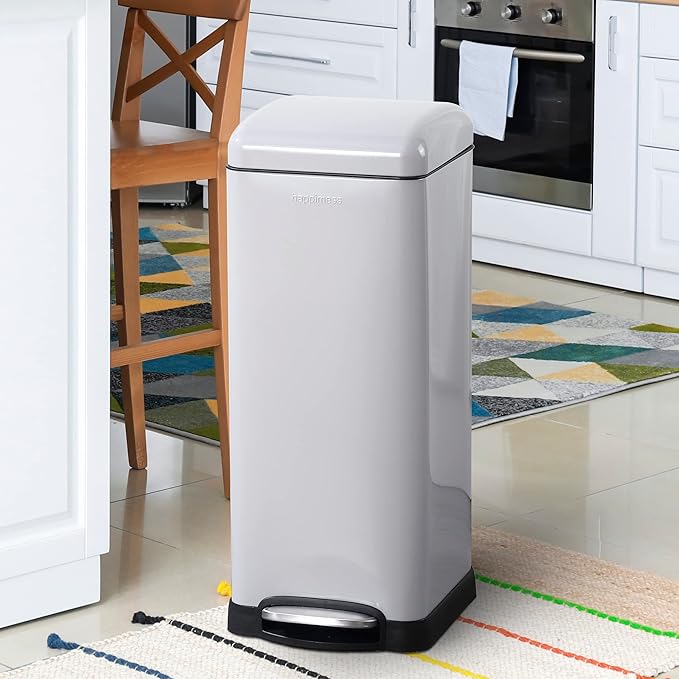 happimess HPM1007C Betty Retro 8-Gallon Step-Open Trash Can with Soft-Close Lid, Fingerprint Resistant, Modern, Minimalistic for Home, Kitchen, Laundry Room, Office, Bedroom, Bathroom, Gray