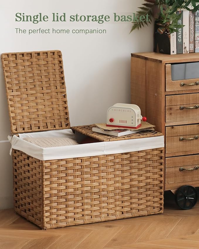 Storage Basket with Lid Rattan Storage Basket with 2 Separate Lid, 27.8 Gallon (105 L) 25.2 * 15.4 * 16.1 Inches Woven Wicker Baskets with 2 Liners and Handles for Bedroom Laundry-Natural
