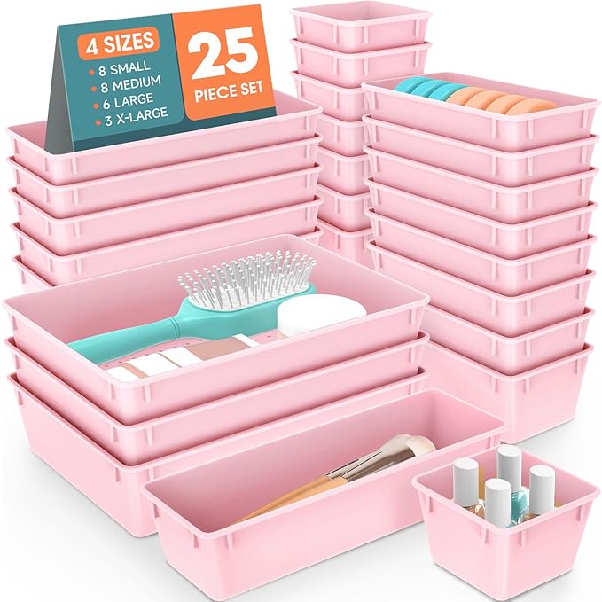WOWBOX 25 PCS Plastic Drawer Organizer Set, 4 Sizes Desk Drawer Divider Organizers and Storage Bins for Makeup, Jewelry, Gadgets for Kitchen, Bedroom, Bathroom, Office, Pink