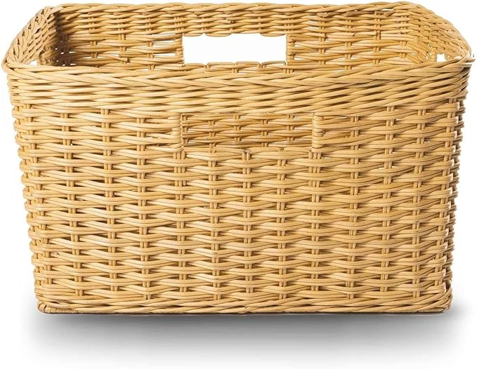 The Basket Lady Tall Rectangular Wicker Storage Basket, Small, 16.5 in L x 10.5 in W x 10.5 in H, Sandstone
