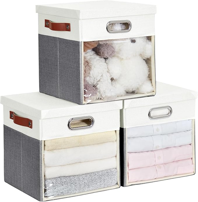 Fabric Storage Cubes with Clear Windows and Lids, 11'' Foldable Storage Bins with 3 Handles, Decorative Storage Boxes for Home, Bedroom, Closet, Office (Gray & White)