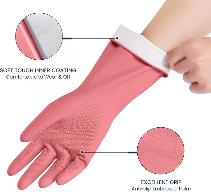 Rubber Cleaning Gloves for Dishwashing, 4 Pairs Reusable Kitchen Gloves for Washing Dishes and Household Cleaning, Pink Dish Gloves with Flocked Lining and Non-Slip Grip, Pefect for Woman Men - S