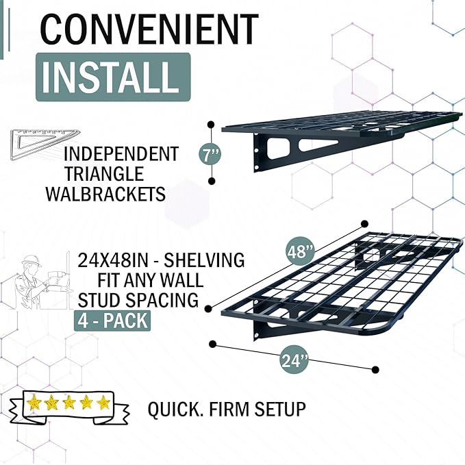 4-Pack 2x4ft Garage Wall Shelving, 4 Shelf Total 16 ft(L) Garage Shelving Wall Mounted, Heavy-Duty Storage Shelves, Perfect for Holding Storage Bins, Sporting Goods, Tools, and More Space-Saving