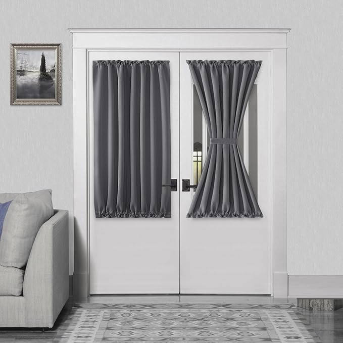 DWCN French Door Curtains – Rod Pocket Thermal Blackout Curtain for Doors with Glass Window, Kitchen and Patio Doors for Privacy, 54 X 40 Inches Long, 1 Curtain Panel with Tieback, Grey