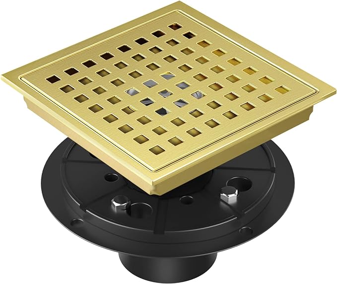 Shower Drain Brushed Gold 6 Inch, Square Floor Drain, Stainless Steel Drain Kit with Flange, Removable Grid Cover, Hair Strainer