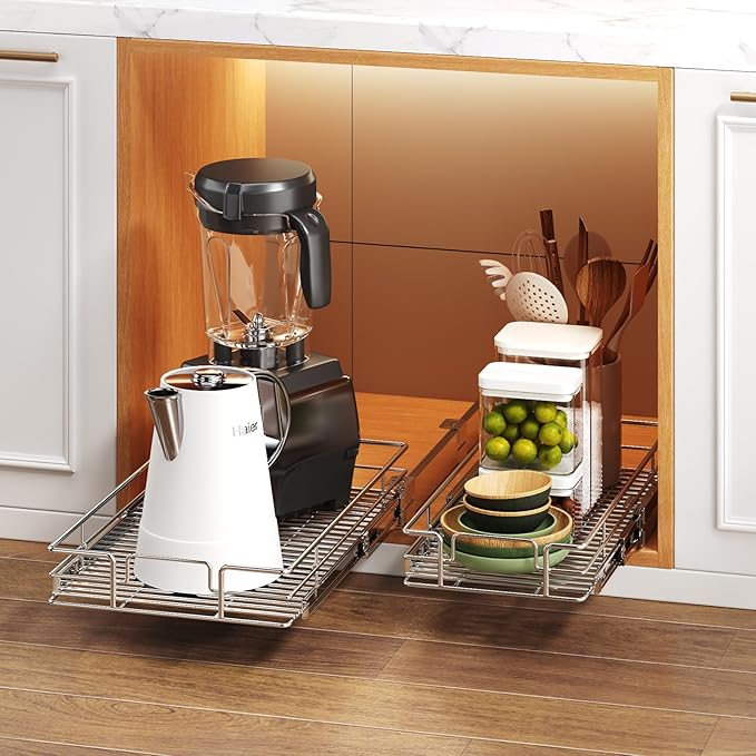 Pull Out Cabinet Organizer 10½" W x 18" D, Heavy Duty Cabinet Pull Out Shelves, Slide Out Drawers Organization for Kitchen Cabinets Bathroom